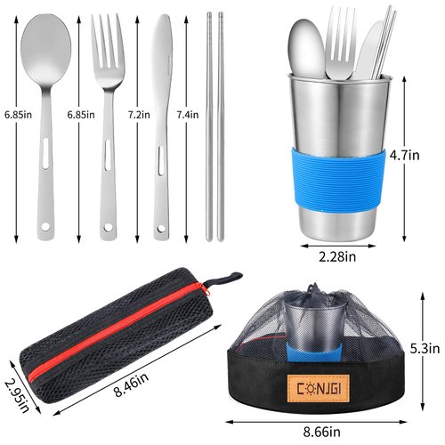 Camping Dinnerware Set Stainless - Camping Mess Kit Includes Cups, Bowls, Dishes, Knives, Forks, Spoons, Etc, Camping Tableware Set with Mesh Bag is Easy to Carry（2-Person Set Blue）