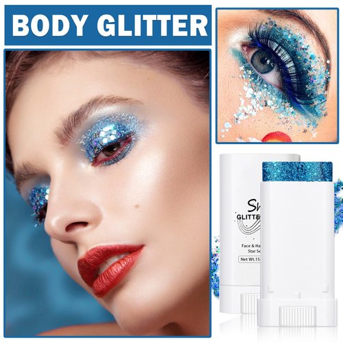 ZHISHUDL Blue Body Glitter Stick for Adults and kids Holographic Shimmer Body Glitter Gel Chunky Sequins Face Glitter Makeup