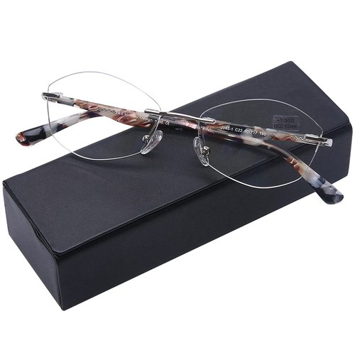 AQWANO Rimless Computer Reading Glasses Women Fashion Designer Blue Light Blocking with UV400 Protect Clear Lens Pattern Frame Ladies Readers,3.5