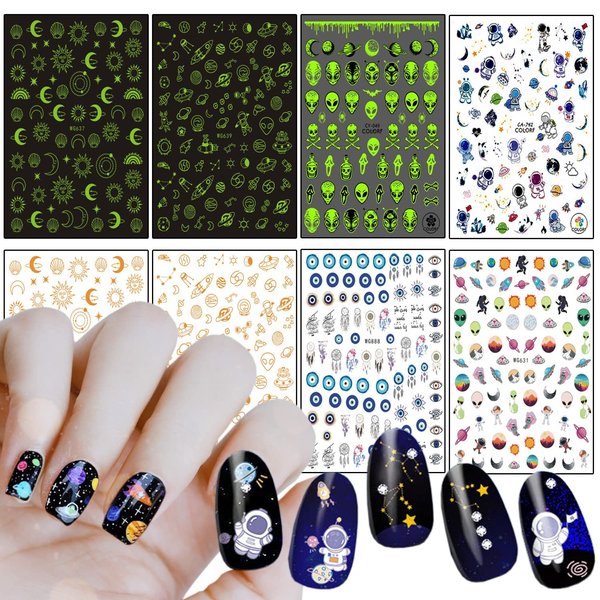 Alien Nail Art Stickers, Astronaut Earth Moon Star UFO Rocket Eyes Nail Self-Adhesive Sticker Designs, 3D Gold Luminous Nail Transfer Decals Supplies for Women Manicure Decorations, DIY Nail Decal