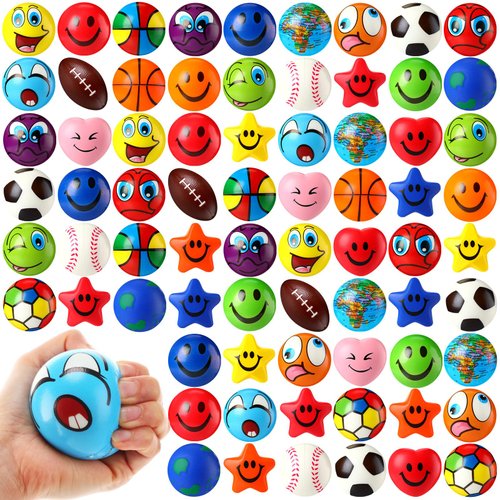 Liliful 72 Pcs Mini Stress Balls Toy Bulk Stress Relief Finger Exercise Party Favors Assorted Colors Pattern Squeezable Sensory Fidget Balls for Halloween (Cute)