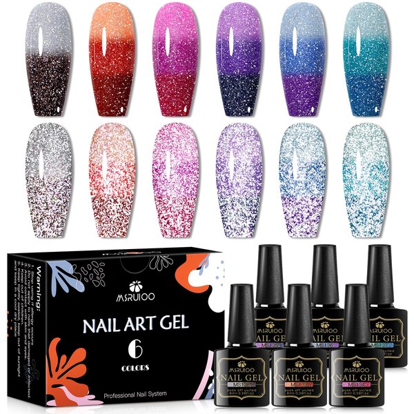 MSRUIOO Color Changing Reflective Gel Nail Polish, Temperature Color Change Glitter Gel Polish, Diamond Glitter Silver Pink Purple