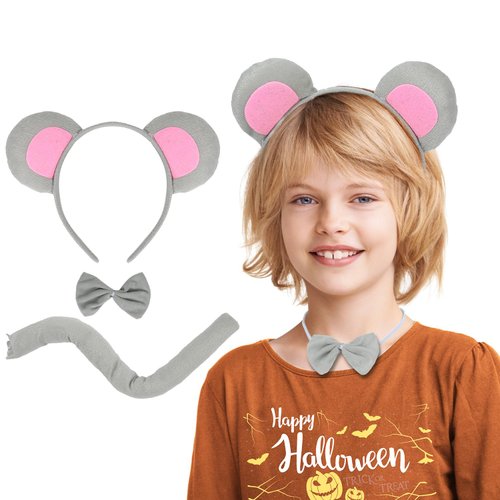 Berjena Mouse Ears Set, Rat Costume Set, Include Mouse Ears Headband Tail and Bowtie, Mouse Costume with Rat Ears for Halloween Costume Cosplay or Party Decoration