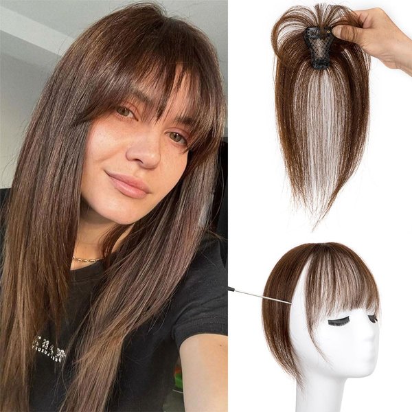 Clip in Bangs 100% Human Hair Extensions 360° Cover Clip on Bangs Real Human Hair for Women Fake Bangs for Daily Wear (Medium Brown)