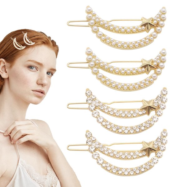 4Pcs Gold Moon Pearl Hair Clips Sparkly Rhinestone Clips Star Small Metal Hair Barrettes Decorative Wedding Hair Accessories for Women Girls Bride