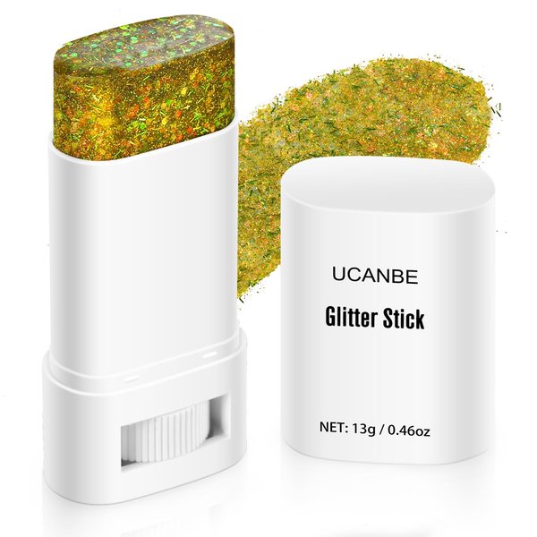 UCANBE Gold Body Glitter, Face Glitter Stick for Singer Concerts Music Festival, Chunky Glitter Makeup Rave Accessories for Body Face Hair Eyes Lip, Sparkling Mermaid Sequins for Women