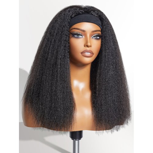 LUVME HAIR Kinky Straight Headband Wig Human Hair Ready to Go No Lace Glueless Human Hair Wigs with Adjustable Headband Beginners Friendly (16 Inch & Natural Black)