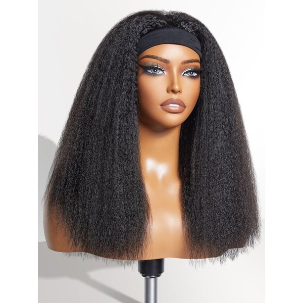 LUVME HAIR Kinky Straight Headband Wig Human Hair Ready to Go No Lace Glueless Human Hair Wigs with Adjustable Headband Beginners Friendly (16 Inch & Natural Black)