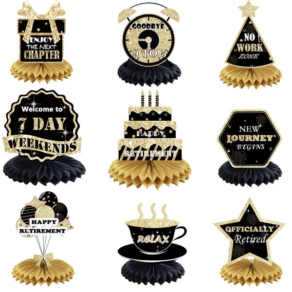 9Pcs Retirement Party Decorations, Happy Retirement Table Topper for Men Women, Black Gold Retirement Table Honeycomb Centerpieces for Table Decor, Happy Retirement Party Supplies