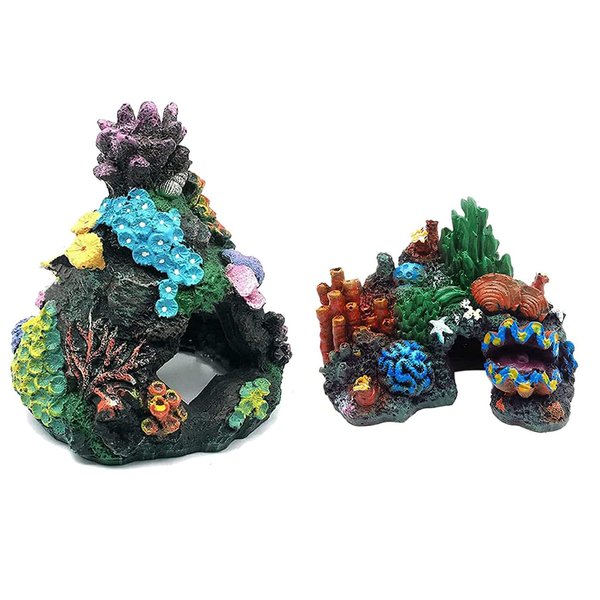 Tfwadmx Aquarium Coral Decoration Resin Fish Tank Hiding Mountain Cave Betta Fish Hideaway Rock Coral Reef Ornament, 2 Pack.