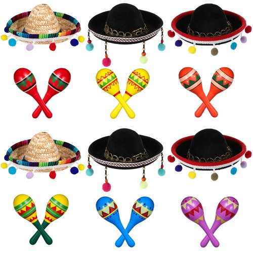 Honoson Wooden Fiesta Maracas Mini Sombrero Top Hat for Kids Festival Mexican Party Decorations (Stylish Style, 18 Pcs)
