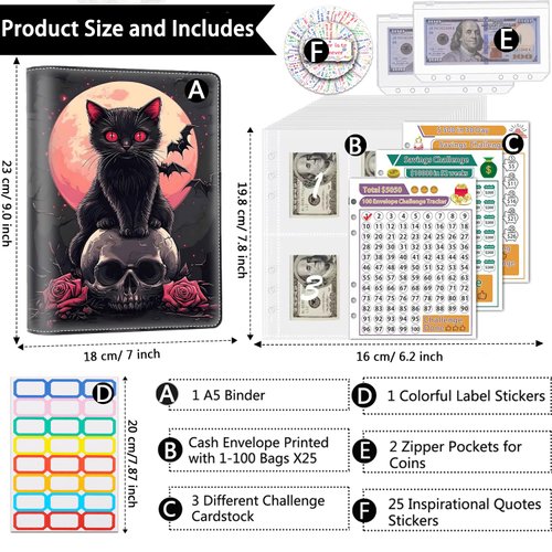 100 Envelope Money Saving Challenge Binder, PU Leathers A5 Money Saving Budget Binder with Cash Envelopes & 3 Reusable Budgeting Planner Trackers, Halloween Spooky Black Cat Skull Fun Planner Book
