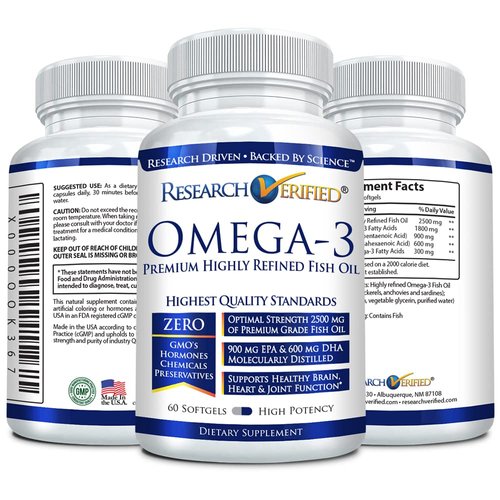 Research Verified Omega 3-1800mg Omega 3 Fish Oil - High 900mg EPA + 600mg DHA - No Aftertaste - 60 Softgel Capsules - 3 Bottles
