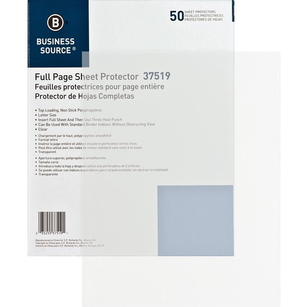 Business Source 37519 Sheet Protector Top Loading 8-1/2-Inch x11-Inch 50/BX Clear