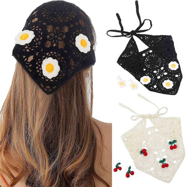 Acenail Hair Bandanas Women Crochet Bandana Headbands Wide Tie Back Floral Hair Scarfs with Earrings Knitted Head Kerchief Headband Boho Head Wraps Summer Hair Accessories for Women Girls 2Pcs
