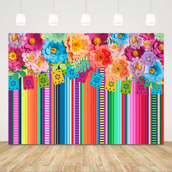 Ticuenicoa 7x5ft Mexican Fiesta Backdrop Photobooth Flowers Fiesta Background Drop Cinco De Mayo Backdrop for Pictures Floral Stripes Flags Birthday Party Mexican Party Decoration Photo Booth Props