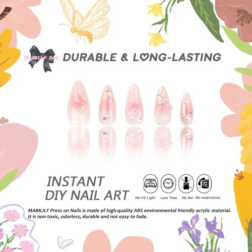 Press on Nails Medium Almond Pink Gradient Fake Nails Full Cover 5D Rose Butterfly False Nails with Pearl Designs Gold Swirl Glossy Glue on Nails Acrylic Nails Artificial Nails for Women Girls 24Pcs