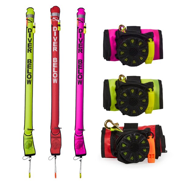 DiveSafe Delayed Surface Marker Buoy – 7ft Closed Bottom with High Visibility Reflective Band, Strobe Light and Flashlight Holder, 100ft ABS Finger Reel and Whistle