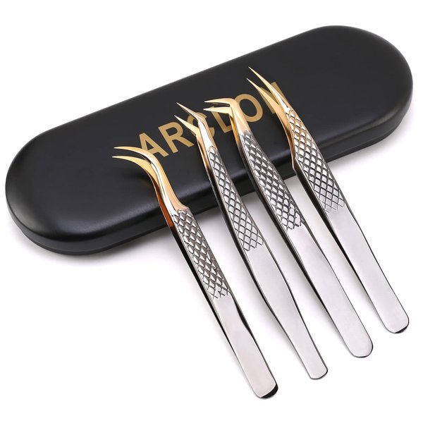 Arclon Lash Eyelash Extension Tweezers Set 4Pcs,Professional Eyelash Applicator Tool,Straight and Curved Precision Stainless Steel Tweezers Lash Extension Supplies(Black Gold)