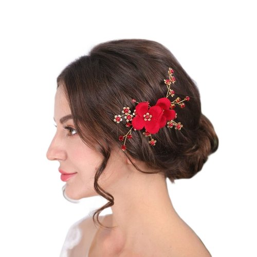 Sither Red Hair Clip for Bridal Floral Hair Comb for Women Wedding Hair Accessories for Bride Hair Clip Headpiece for Wedding Party Prom Gift