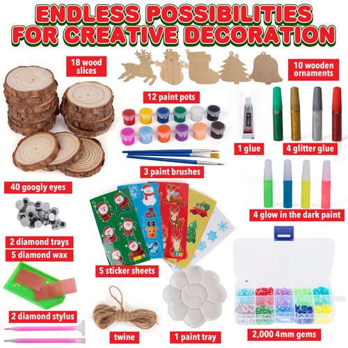 Christmas Wooden Ornament Craft - Includes 28 Ornaments - Wooden Painting Craft Kit for Kids & Adults with Wood Slices, Xmas Shapes, Glow in The Dark Paint, Gems, Glitter Glue, and Google Eyes