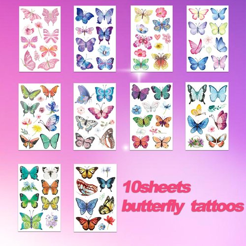 Onogola 100Pcs Butterfly Temporary Tattoos for Kids Women Girls, Fake Colorful Butterflies Wings Flower Tattoo Stickers Art Waterproof for Face Body Arm Birthday Party Favors Makeup Supplies Gifts