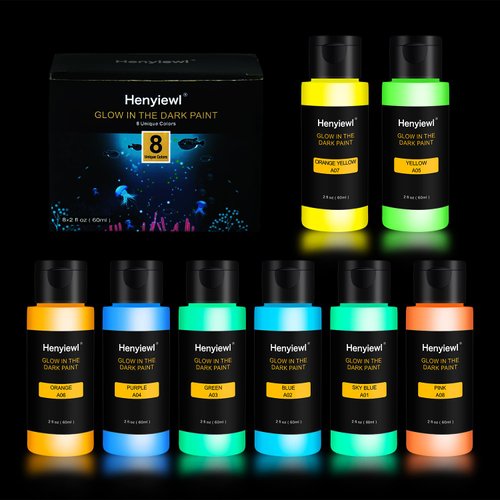 Henyiewl Glow in The Dark Paint, 8 Colors Glow Acrylic Paint Set (60 ml / 2 oz), Long-Lasting Glow in The Dark Paint, Ideal for Halloween And Christmas Decoration, Perfect for Artist's Art Painting and DIY, Waterproof Glow Paint for Artists, Adults, and S