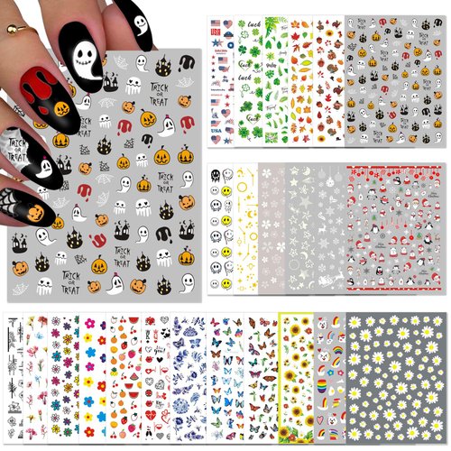 TailaiMei 24 Sheets Holiday Nail Stickers, Halloween, Christmas, Fall, Valentine Mixed All Seasons Variety Pack for Year-Round Seasonal Nail Art Decorations, Self-Adhesive Design Nail Decals