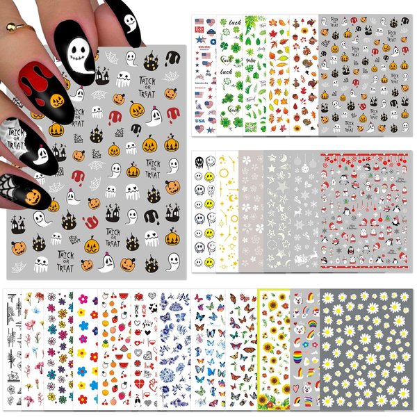 TailaiMei 24 Sheets Holiday Nail Stickers, Halloween, Christmas, Fall, Valentine Mixed All Seasons Variety Pack for Year-Round Seasonal Nail Art Decorations, Self-Adhesive Design Nail Decals