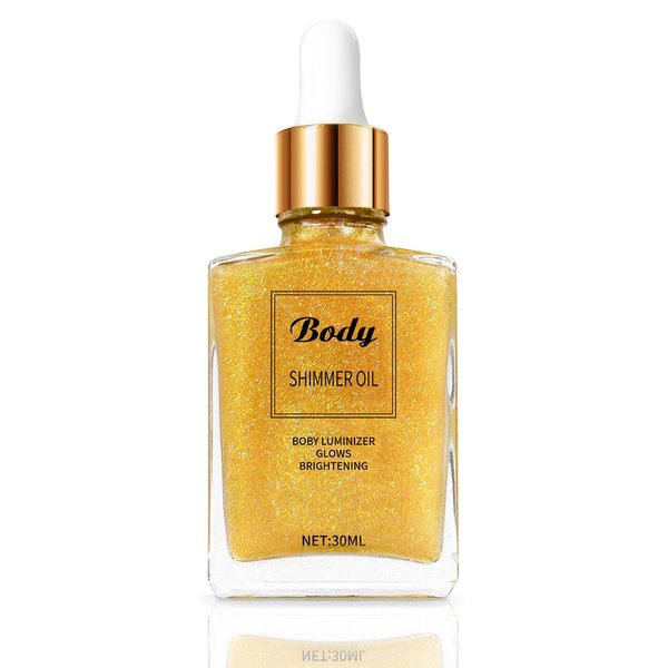 PASNOWFU Body Shimmer Oil, Luminizer Glow For Face & Body, Summer Body Glitter, Luxurious Illuminator Oil, Shimmer Dry Body Oil, Highlighter Makeup Drops, Lightweight and Non-Greasy Body Glow - Gold