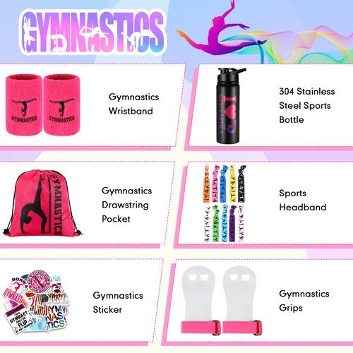 Xtinmee 66 Pcs Gymnastics Party Favor for Girl Gymnastics Gift Water Bottle Drawstring Backpack Hand Grip Wristband Hair Tie Ponytail Holder 50 Tattoo Sticker Gymnastics Stuff Team Birthday Reward