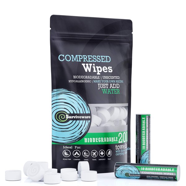 Surviveware Flushable Wipes for Adults, Men or Women - Unscented Biodegradable Wet Wipe for Face, Body & Butt - Post Workout, Travel & Outdoors, Camping - 200 Count, Pack of 1