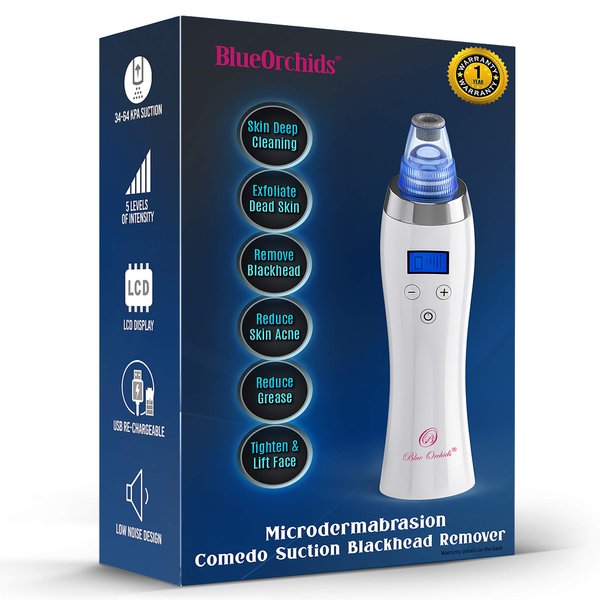 Blackhead Remover Pore Vacuum for face, BlueOrchids dermasuction for Whitehead Removal, Acne Pimple Sucker, face Vacuum Pore Cleanser, Comedone Extractor, 5 Adjustable Suction Power with 4 Probes