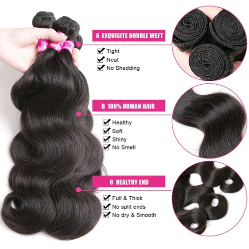 Beauty Queen 16A Body Wave Bundles Human Hair (20 18 16 Inch) 100% Unprocessed Brazilian Virgin Weave 3 Bundles Human Hair Full And Thick Remy Hair Extensions Natural Color for Women
