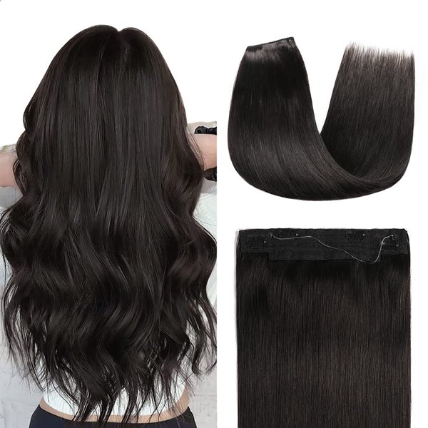 YILITE Wire Hair Extensions Human Hair, One Piece Invisible Headband Wire hair 100% Remy Human Hair Silky Straight clip in Hair, #1B Off Black 14 inches 80g, Invisible Fish Line with 4 Clips