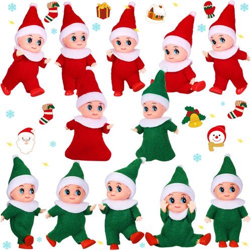 Cunno 12pcs Christmas Baby Elves Miniature Elf Doll Plush with Elf Clothes Xmas Elf Toy Accessories for Little Girls and Boys Christmas Advent Calendar Easter Decorations(Red, Green)