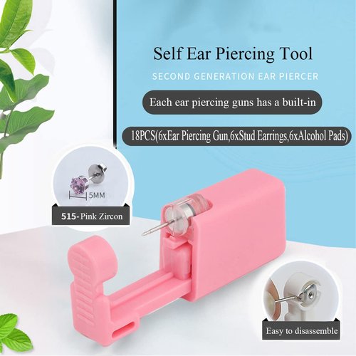 Ear Piercing Kits,Body Piercing Kits,6 Pack Disposable Self Ear Piercing Gun Tool with 5mm Cubic Zirconia Stud Earrings (Pink)