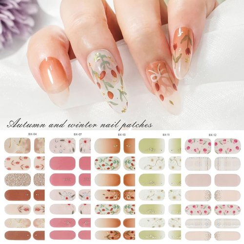 KTAABTR 14 Sheets Semi Cured Gel Nail Strips Stickers Spring Flowers Gloss Nail Wraps Supplies Long Lasting Gel Nail Stickers Self Adhesive Design Real Nail Polish Decals for Women Girls DIY Manicure