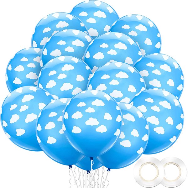 100 Pieces 12 Inch Blue Cloud Latex Balloons with 2 Rolls Plastic Ribbons Mid Blue with Clouds Matte Balloons for Boys Girls Birthday Party Baby Shower Decoration (Style 1)