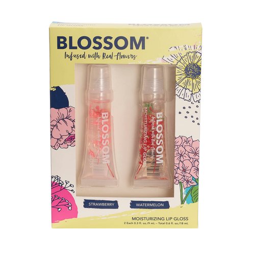 Blossom Scented Moisturizing Lip Gloss Tubes, Infused with Real Flowers, 0.6 fl. oz/18ml, 2 pack Gift Set, Strawberry/Watermelon