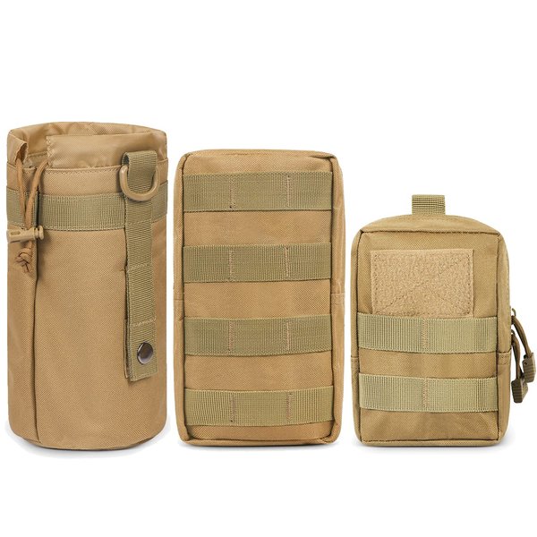 Gogoku 3 Pack Molle Pouch Combo Water Bottle Pouch Holder Tactical Molle Pouches Compact Utility Waist Bag Pack (Combo A:Khaki)