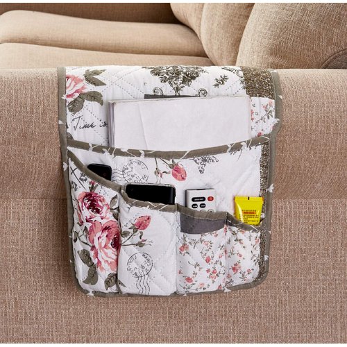 Brilliant Sunshine Rose and Toile Patchwork Sofa Armrest 5 Pockets Organizer, Slip Resistant Couch Chair Armrest Caddy, Storage for TV Remote Control, Phone, Glasses, Magazine, 35"×13", Rose Grey