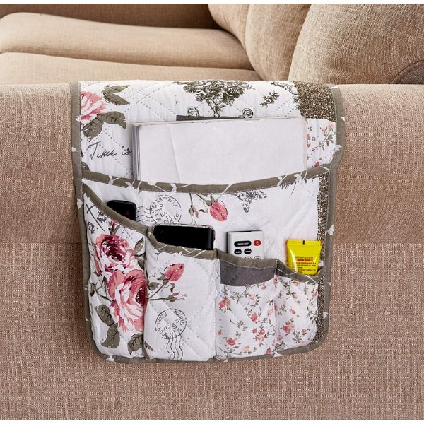 Brilliant Sunshine Rose and Toile Patchwork Sofa Armrest 5 Pockets Organizer, Slip Resistant Couch Chair Armrest Caddy, Storage for TV Remote Control, Phone, Glasses, Magazine, 35"×13", Rose Grey