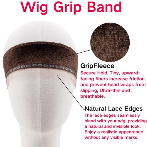 Wig Grip Band Women Adjustable: Wig Gripper with Ear-Cutouts Natural Lace Edge - Adjustable Non-Slip Off Band with Velcro Comfortable Breathable No-Headache (Brown)