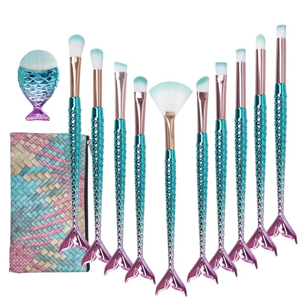 Mermaid Makeup Brushes Sets, Mermaid Makeup Cosmetic Brush Set Soft Nylon Bristles Beauty Brushes Kit Foundation Powder Cream Eyebrow Eyeliner Blush Cosmetic Concealer Brush with Bag