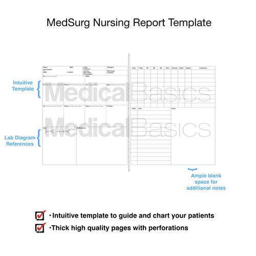 Med/Surg Brain Sheet Nursing Report Sheet - Nurse and CNA Brainsheet Notebook - 75 Patient Templates