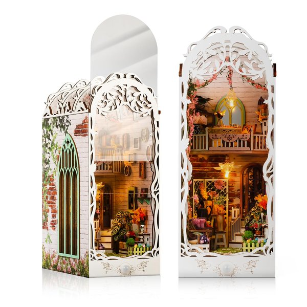 MUYOLO Book Nook Kit, 169Pcs 3D Garden House with Dust Cover DIY Booknooks Diorama with LED, Wooden Puzzle booknook Miniature House Kits Bookshelf Decorations Halloween for Adults