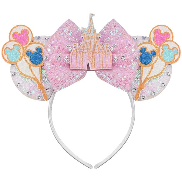 Bolonar Castle Mouse Ears Headband Sequin Pink Mouse Ears Minnie Ears for Girls Mouse Ears Bow Headbands Christmas Headbands for Women Kids Adults