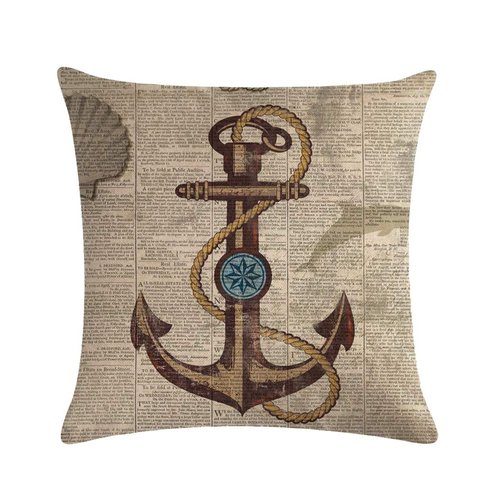7COLORROOM Set of 2 Vintage Sea Theme Pillow Covers with Nautical & Ocean Style Life Buoy& Anchor Pattern Cushion Covers Beach Cotton Linen Home Decorative 18”×18” Pillowcases(Vintage Sea)