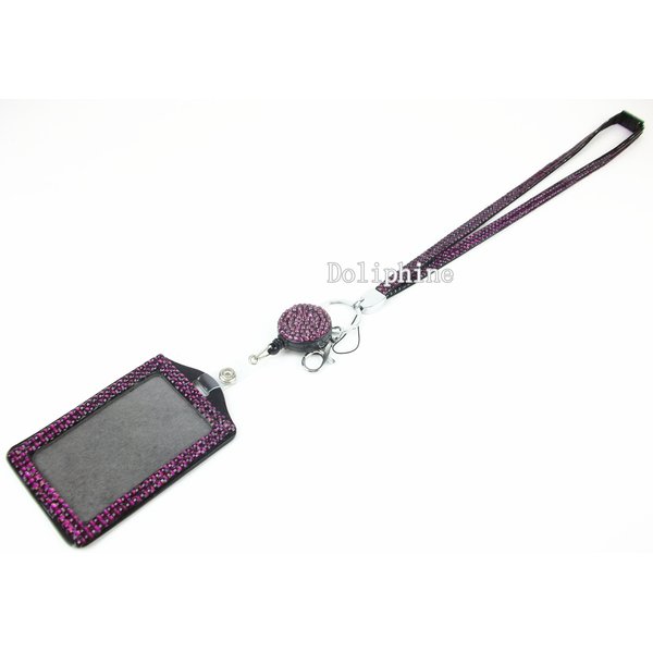 Multi-Colors Rhinestone set Breakaway LANYARD, Retractable Reel and Vertical Badge Holder (19 colors for choice) (Plum Purple)